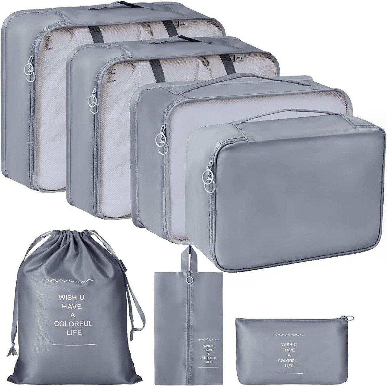 7 in 1 Bag | Polyester 7 Set Travel Organizer Bag | 
3 Packing Cubes + 3 Pouches + 1 Toiletry Organizer Bag (Grey)